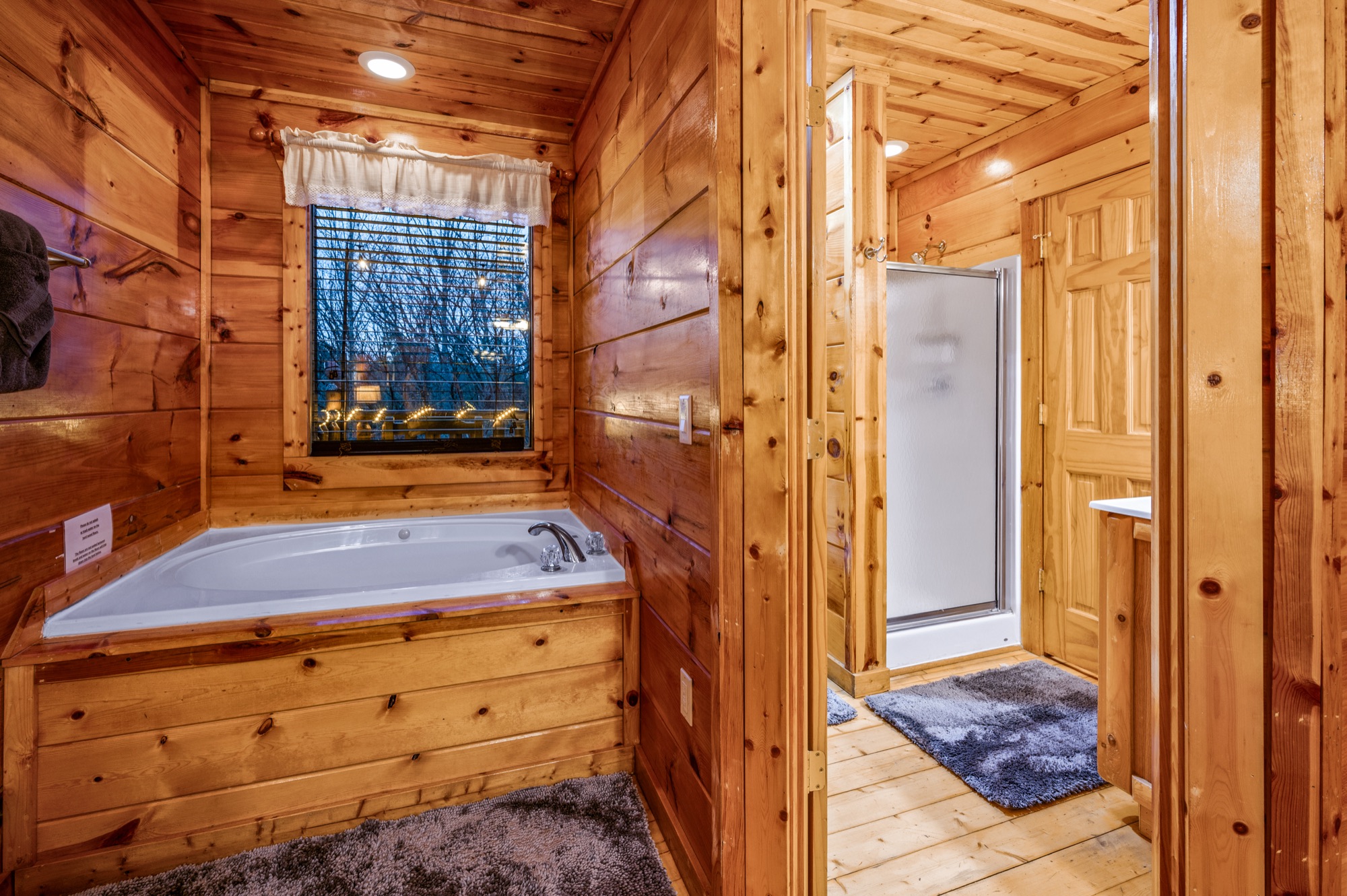 Primary bathroom at Bearadise with a jacuzzi soaking tub beneath a window and a separate glass shower